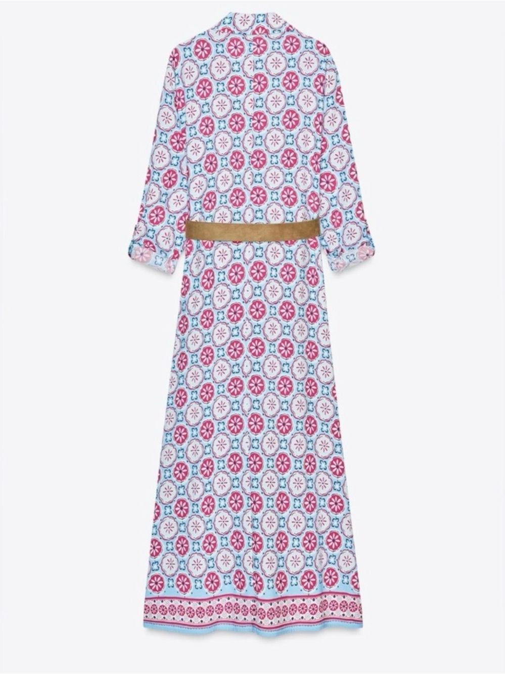 Zara Pink and Blue Floral Maxi Dress with Gold Belt, size L/XL